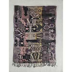 Wilfred Tribal Pattern Wool Blend Scarf Shawl Wrap Boho Fringe Black & Tan Warm